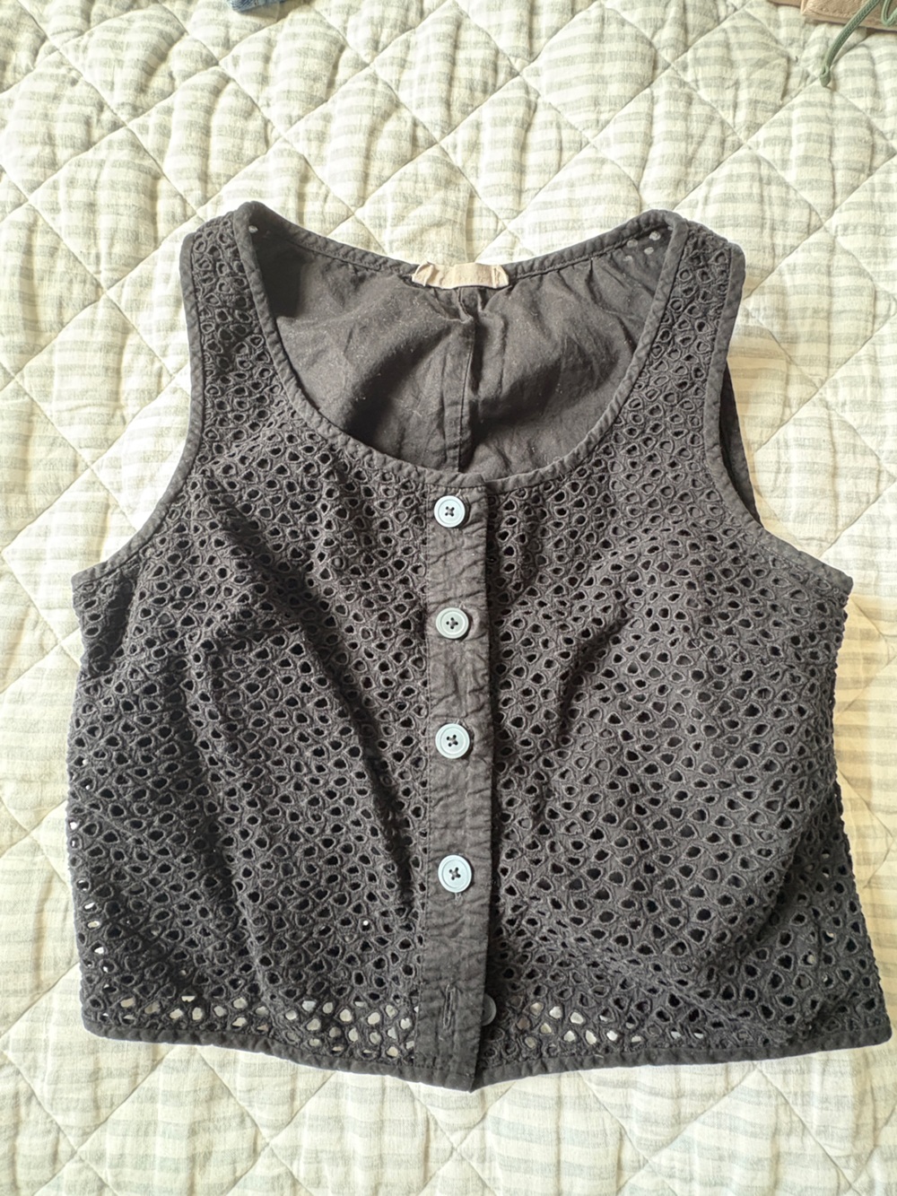 Everlane Black Eyelet Button-Front Cropped Tank Top